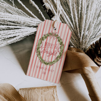 Etiqueta Para Presente Vintage Watercolor Red Stripes Wreath de Natal