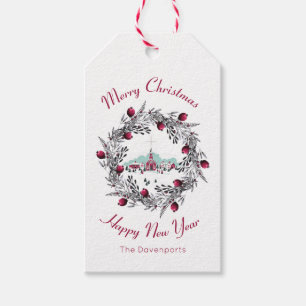 Etiqueta Para Presente Vintage Winter Church Scende com a coroa de Natal