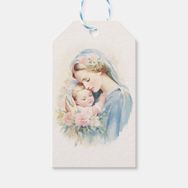 Etiqueta Para Presente Virgem Abençoada Mary Jesus Religioso Floral (Frente)