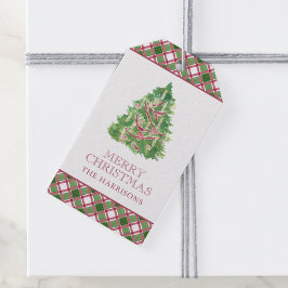 Etiqueta Para Presente Watercolor Burgundy e Xadrez Verde Árvore de Natal
