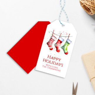 Etiqueta Para Presente Watercolor Christmas Stocking Happy Holidays