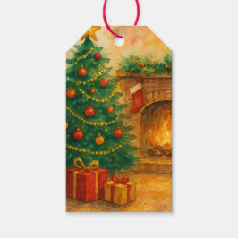 Etiqueta Para Presente Watercolor Christmas Tree & Cozy Fireplace Holiday