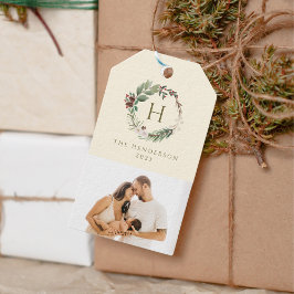 Etiqueta Para Presente Watercolor Christmas Wreath Family Monograma Photo