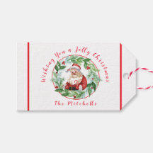 Watercolor Christmas Wreath Vintage Santa NAME