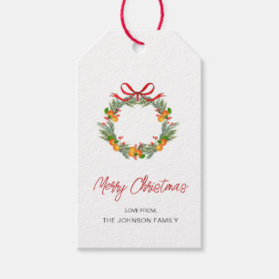 Etiqueta Para Presente Watercolor Citrus Wreath com arco vermelho