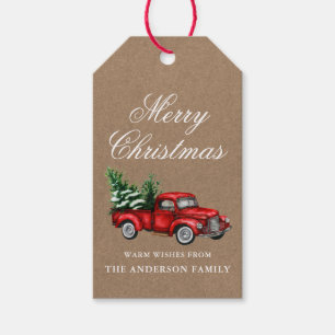 Etiqueta Para Presente Watercolor Vintage Red Truck Kraft Feliz Natal