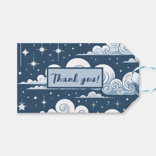 Etiqueta Para Presente Whimsical Blue Celestial Obrigado (Frente (horizontal))