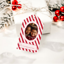 Etiqueta Para Presente Whimsical Red & Pink Stripe Christmas Photo