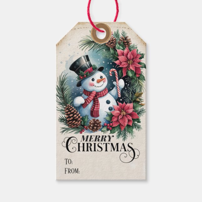 Etiqueta Para Presente Whimsso Poinsettia Wreath Snowman Natal (Frente)
