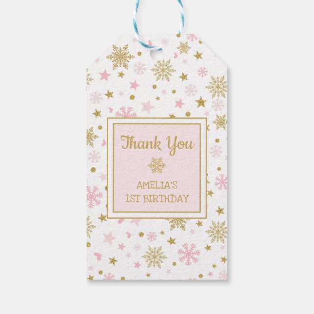 Etiqueta Para Presente Winter ONE derland Snowflake Pink Dourado Birthday (Verso)