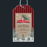 Etiqueta Para Presente Winter Truck Christmas Holiday Baby Obrigado<br><div class="desc">Etiqueta favorita com o tema do inverno,  que apresenta belamente ilustrado caminhão vermelho-safra e pinheiros com aquarela sobre uma kraft rústica e fundo de xadrez.</div>