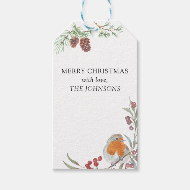 Etiqueta Para Presente Winter Wreath Robin Mistletoe Pine Christmas (Frente)