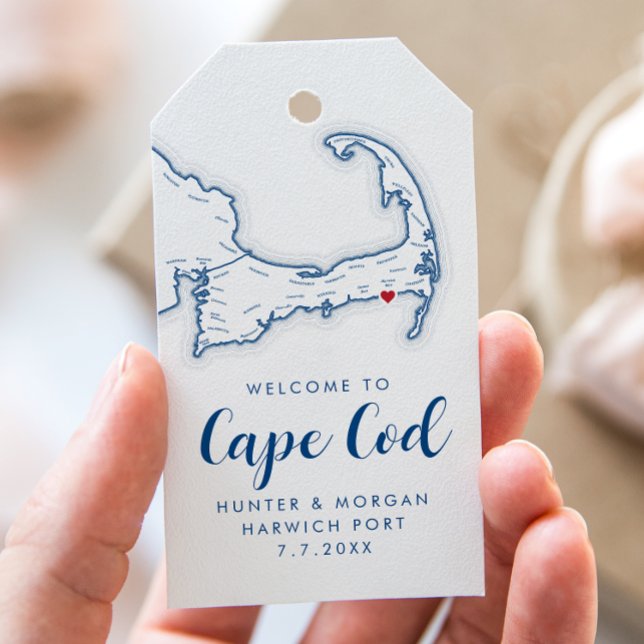 Etiqueta Para Presente Wychmere Beach Club Modern Marinho Wedn Welcome (Welcome To Cape Cod Wedding Favor Gift Tag with heart over Wychmere from Coastal Map Designs)