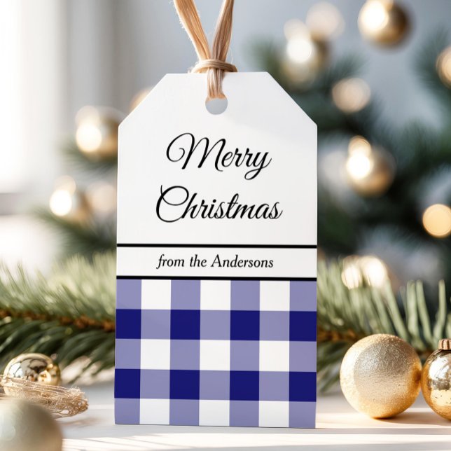 Etiqueta Para Presente Xadrez Azul Clássica Feliz Natal (Classic Blue Plaid Merry Christmas Gift Tags)
