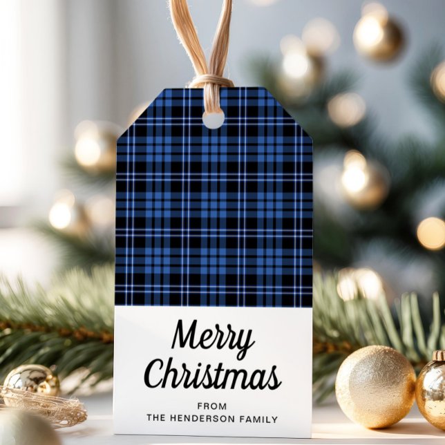 Etiqueta Para Presente Xadrez Azul Clássica Feliz Natal (Blue Tartan Plaid Merry Christmas Gift Tags)