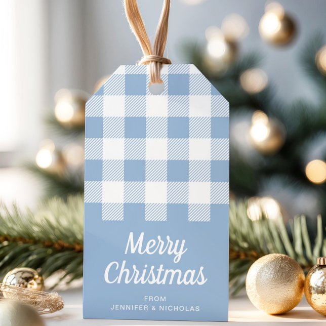 Etiqueta Para Presente Xadrez Azul Moderno Natal Feliz (Modern Dusty Blue Plaid Merry Christmas Gift Tags)