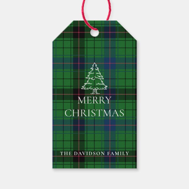 Etiqueta Para Presente Xadrez de Natal Davidson Tartan Padrão Verde (Frente)