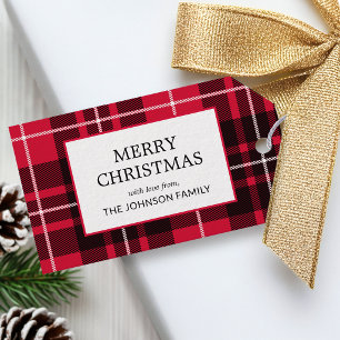 Etiqueta Para Presente Xadrez de Natal Nome Personalizado Tartã Vermelho