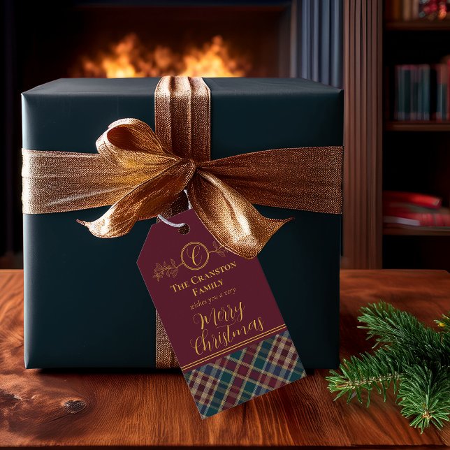 Etiqueta Para Presente Xadrez Dourada Elegante de Monograma - Sabre Azul  (Elegant Gold Monogram Plaid Cranberry, Blue and Teal "Merry Christmas" Gift Tags)