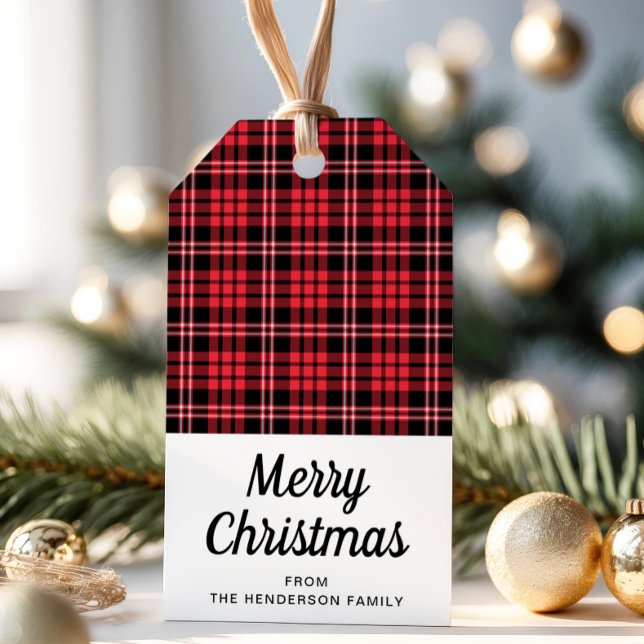 Etiqueta Para Presente Xadrez Rustic Red Tartan Feliz Natal (Rustic Red Tartan Plaid Merry Christmas Gift Tags)
