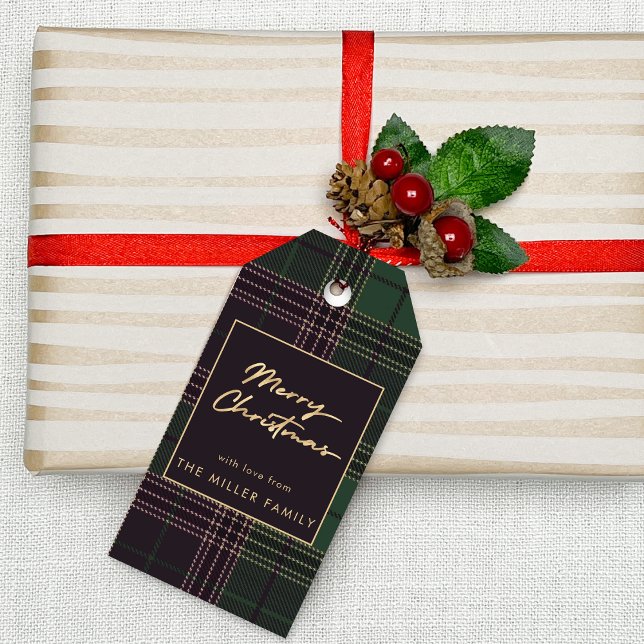 Etiqueta Para Presente Xadrez Tartan Verde Buffalo Faux Dourado Mínimo (Green Tartan Plaid Buffalo Faux Gold Minimal Gift Tags)