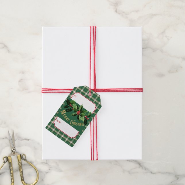Etiqueta Para Presente Xadrez Verde de Natal e Branco (Com cordão)