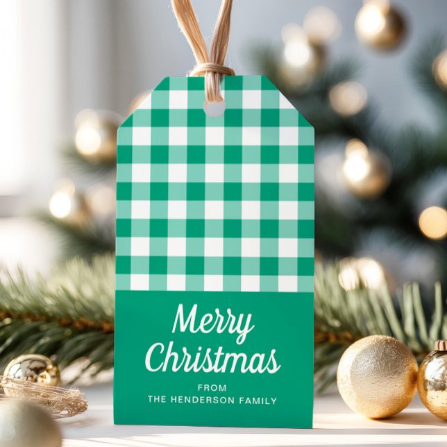Etiqueta Para Presente Xadrez Verde Moderno - Feliz Natal (Green Plaid Pattern Script Merry Christmas Gift Tags)