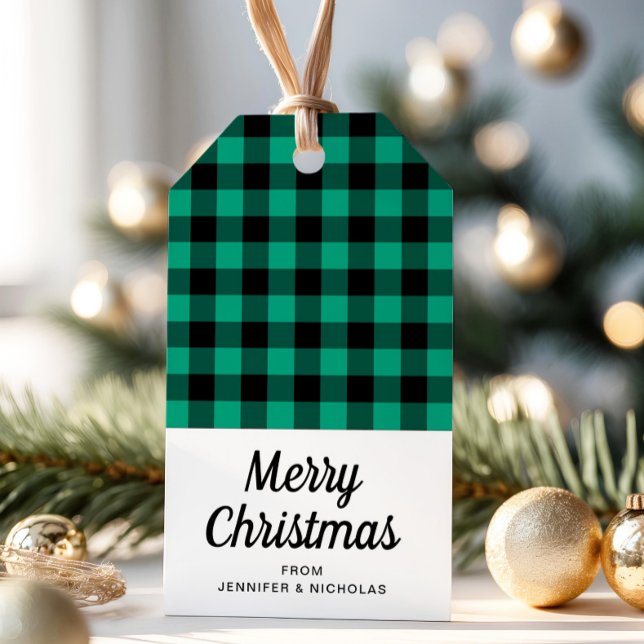 Etiqueta Para Presente Xadrez Verde Russo Feliz Natal (Rustic Green Plaid Merry Christmas Gift Tags)