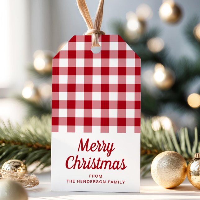 Etiqueta Para Presente Xadrez Vermelha russa Feliz Natal (Rustic Red Checkered Plaid Script Christmas Gift Tags)