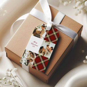 Etiqueta Para Presente Xadrez Vermelho Clássico de Natal Três Fotos