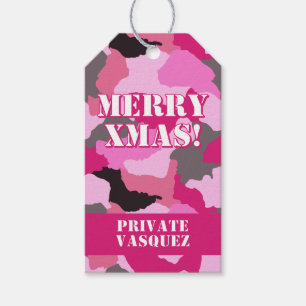 Etiqueta Para Presente Xtmas de Feliz Personalizada da Camuflagem Rosa