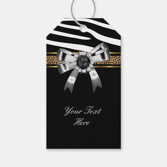 Etiqueta Para Presente Zebra Dourada Branca-Leopardo-Branco-Preto-Pérola (Frente)