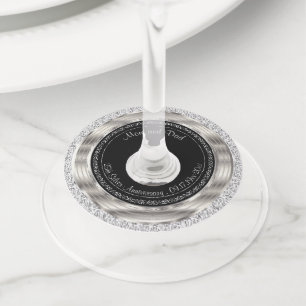 Etiqueta Para Taça De Vinho 25 Silver Elegante e Aniversário do Casamento Negr