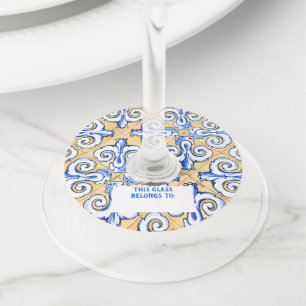 Etiqueta Para Taça De Vinho Azulejos Espanhóis - Azulejo Azul, Amarelo e Bran