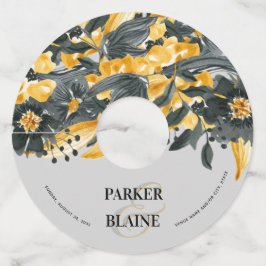 Etiqueta Para Taça De Vinho Casamento Amarelo-Cinza Elegante Floral