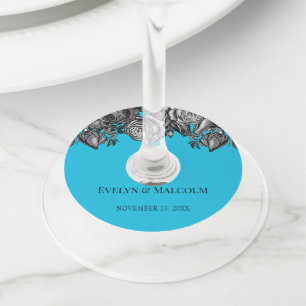 Etiqueta Para Taça De Vinho Casamento Azul Elétrico de Rosas Negras e Brancas