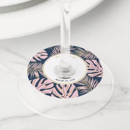 Etiqueta Para Taça De Vinho Casamento azul-marinho das folhas tropicais modern