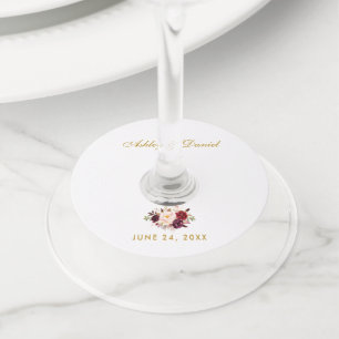 Etiqueta Para Taça De Vinho Casamento Dourado Floral de Watercolor Burgundy