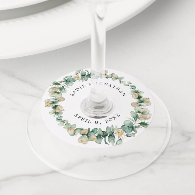 Etiqueta Para Taça De Vinho Casamento Elegante Dourado Russo Eucalyptus (Close Up)