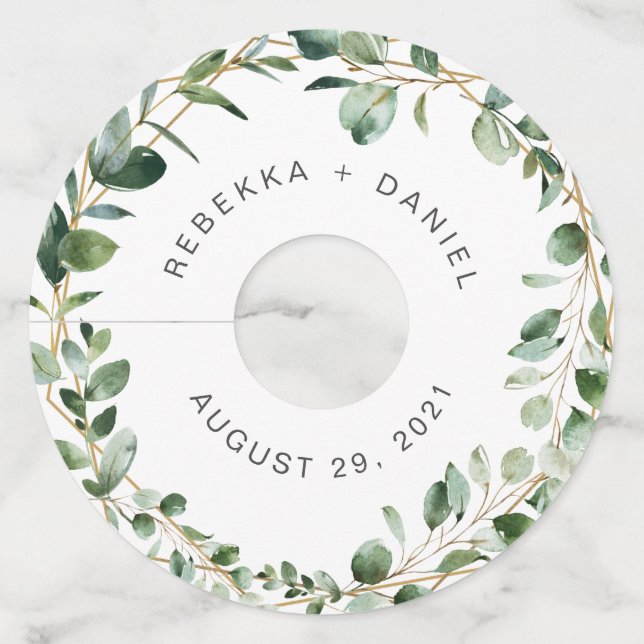 Etiqueta Para Taça De Vinho Casamento Geométrico Eucalyptus Greenery Personali (Frente)