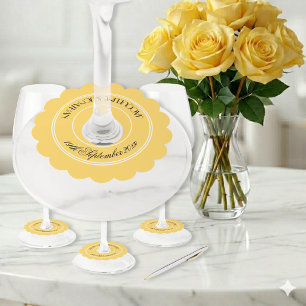 Etiqueta Para Taça De Vinho Celebração de Casamento Amarelo Ensolarado Roteiro