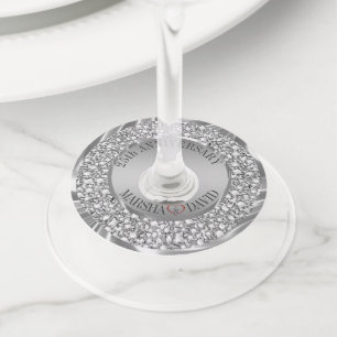 Etiqueta Para Taça De Vinho Diamantes de prata e coração vermelho