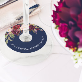 Etiqueta Para Taça De Vinho Festa de Noivado Floral Burgundy Azul Marinho