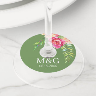 Etiqueta Para Taça De Vinho Flores De Aquarela Pintadas De Casamento - Cor-De-