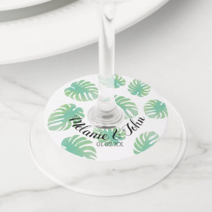 Etiqueta Para Taça De Vinho Folhas de Monstera Tropical Watercolor - Nome do C