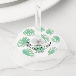 Etiqueta Para Taça De Vinho Folhas Tropicais de Monstera em Aquarela - Nome do