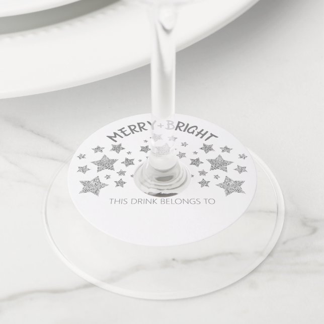 Etiqueta Para Taça De Vinho Natal Sparkle Stars Feliz brilhante (Close Up)