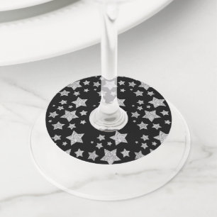Etiqueta Para Taça De Vinho O Sparkle natalício Stars prata em preto