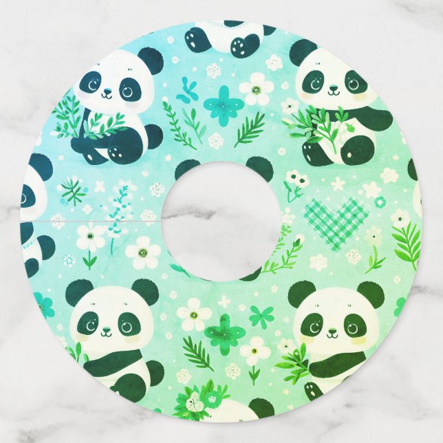 Etiqueta Para Taça De Vinho Padrão de Urso Panda Verde Impresso (Frente)