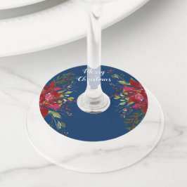 Etiqueta Para Taça De Vinho Poinsettias Festa de Natal Marinho Blue Name